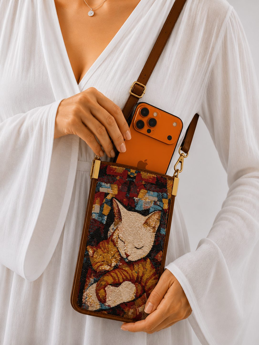 Uykudaki kediler desenli telefon çantası